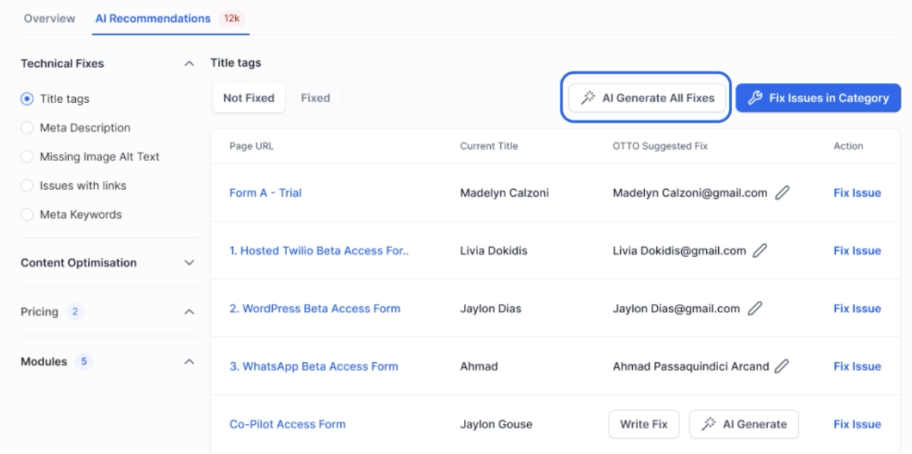 AI SEO recommendations workspace scanning pages and suggesting exact fixes